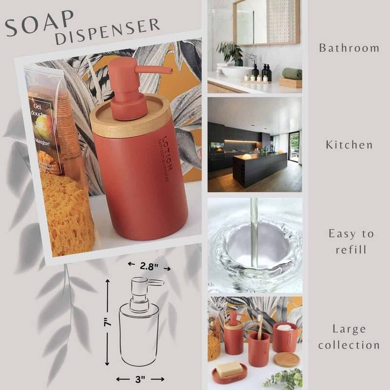 Elegant Soap Dispenser - Polyresin and Bamboo Design, Refillable Liquid Pump - 3 L x 3 W X 7 h