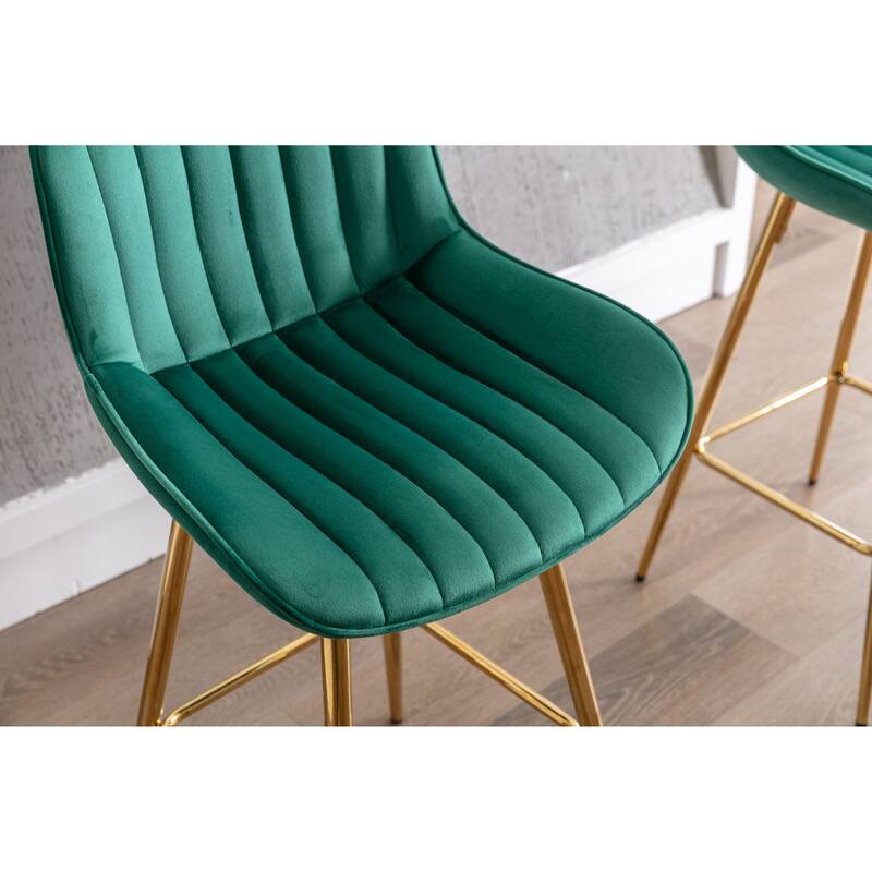 26 Inch Set of 2 Bar Stools,with Chrome Footrest Velvet Fabric Counter Stool Golden Leg Simple Bar Stool,GREEN