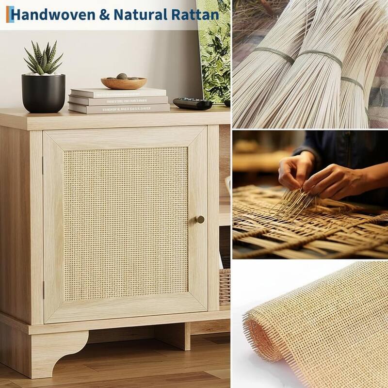 Boho TV Stand, with 2 Cabinets & Open Shelf