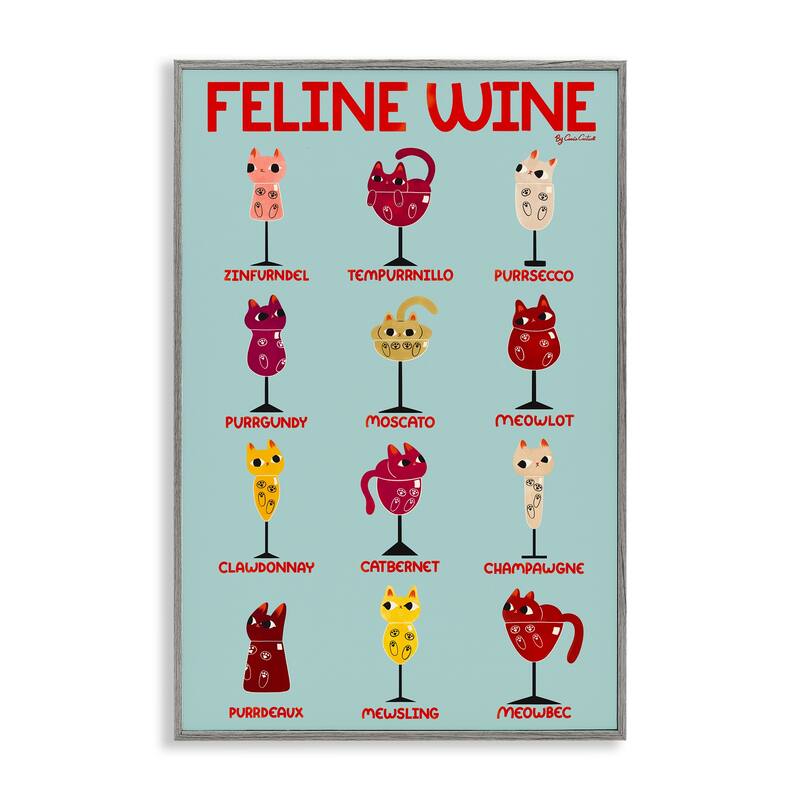 Stupell Clever Feline Wine Drinks Framed Giclee Art Design By Carrie Cantwell - 16 x 24 - Grey