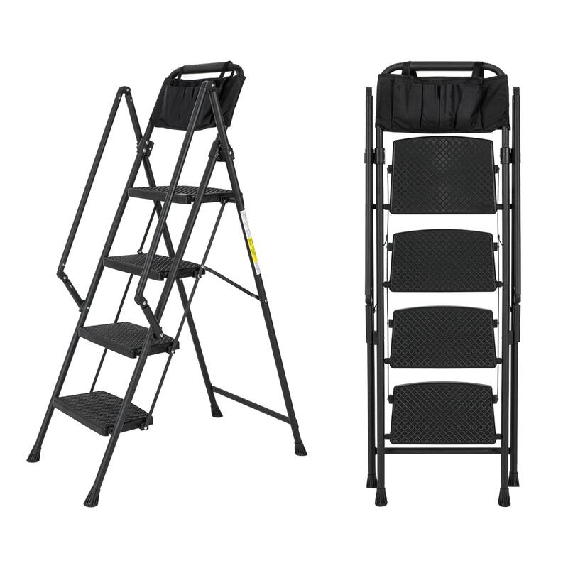 Black 4-Step Folding Step Stool Ladder Removable Tool Bag