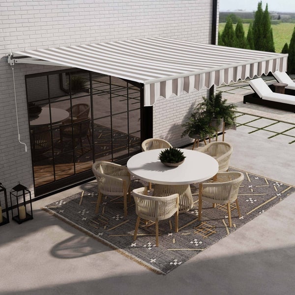 slide 2 of 12, ALEKO Caribbean Motorized Patio Awning - White Frame - Seagull Gray & White Striped - 13 x 10 Feet