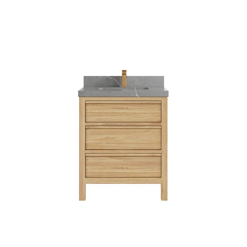 Willow Collections 30 in. W x 22 in. D Elizabeth Solid Teak Wodd Single Sink Bathroom Vanity with Countertop - 2" Piatra Gray - Light Natural Teak