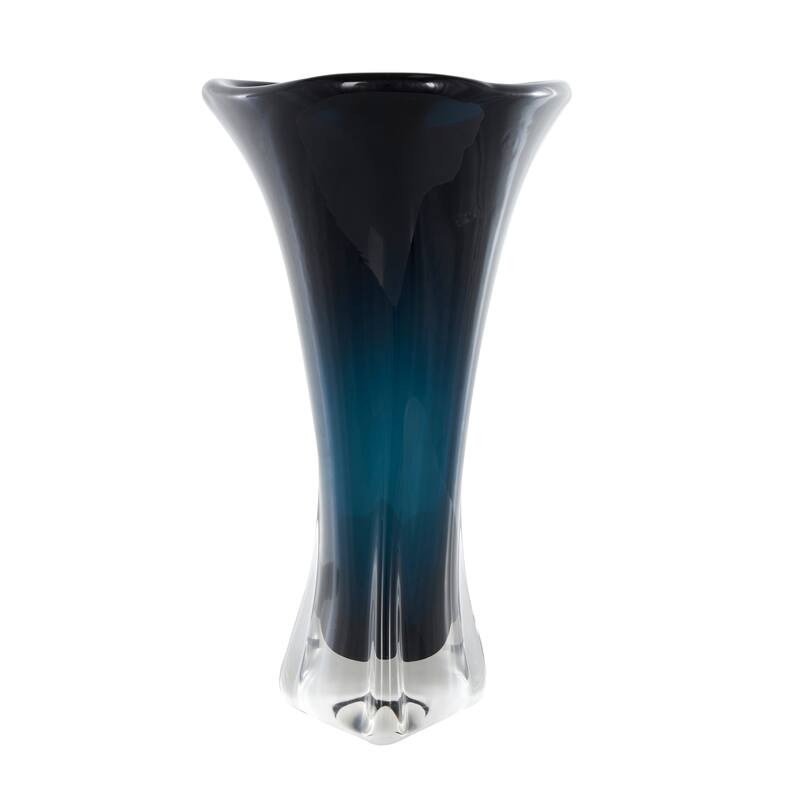 Dark Blue Glass Ombre Tulip Abstract Vase with Clear Base