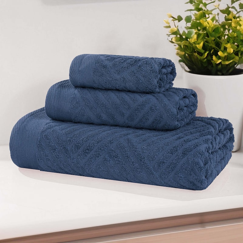 Superior Basketweave Egyptian Cotton Jacquard 3 Piece Assorted Towel Set - Royal Blue