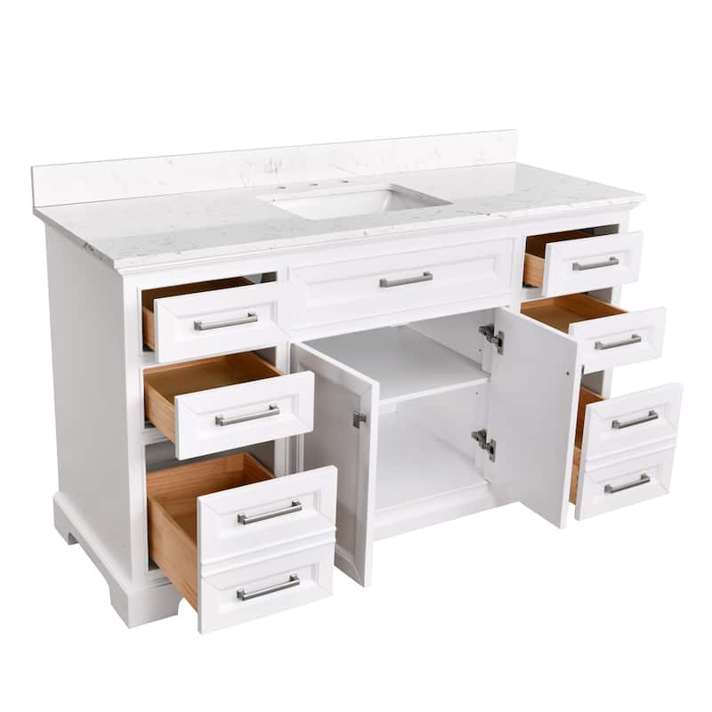 Prismarble Bathroom Vanity 60 in White with Marble Top & Backsplash, Single Sink