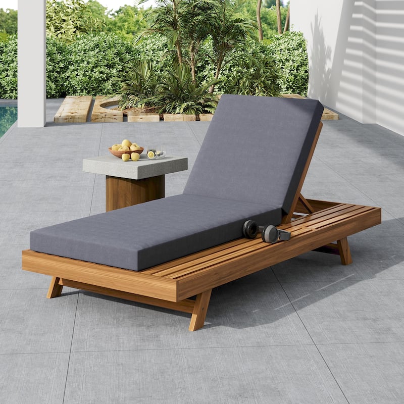 One-sided Open Storage Lounge Chairs Outdoor Patio Acacia Wood Chaise Lounge with Adjustable Backrest & Water-repellent Cushions - 4" Dark Grey Cushions - 1pc