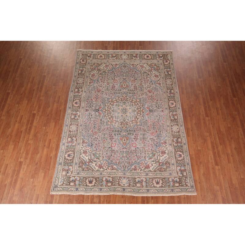 Distressed Grey Tabriz Persian Vintage Rug Hand-Knotted Wool Carpet - 7'10"x 11'0"