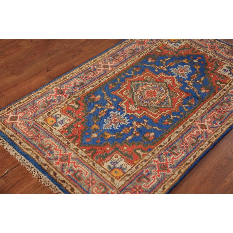 Blue Geometric Heriz Serapi Indian Foyer Rug Handmade Wool Carpet - 3'0"x 5'0"