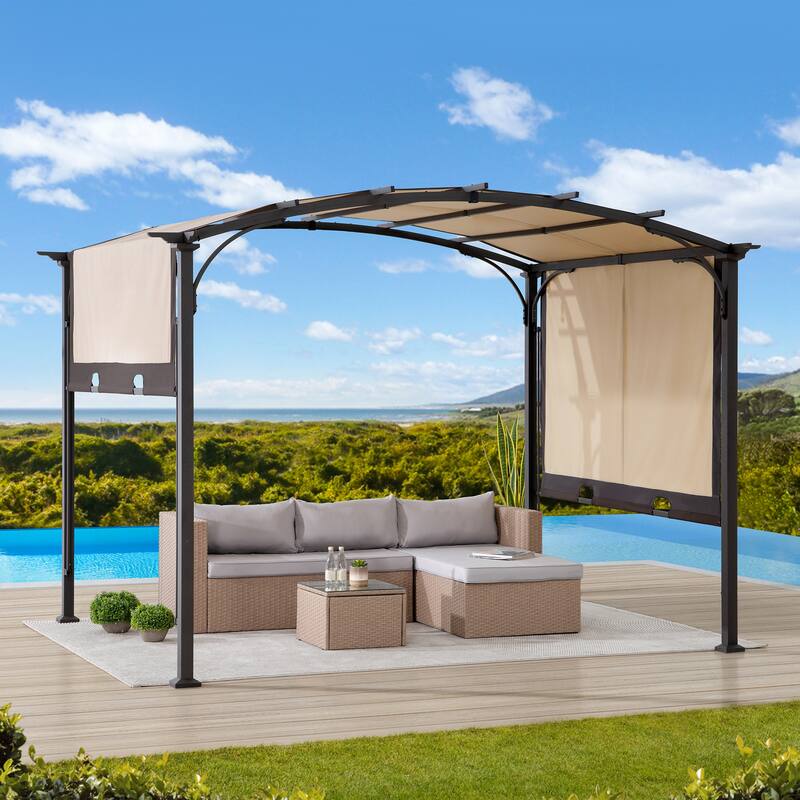 Sunjoy Lindt 9.5 x 11 ft. Outdoor Steel Arched Pergola with Adjustable Canopy - 9.5ft.x11ft. - Tan