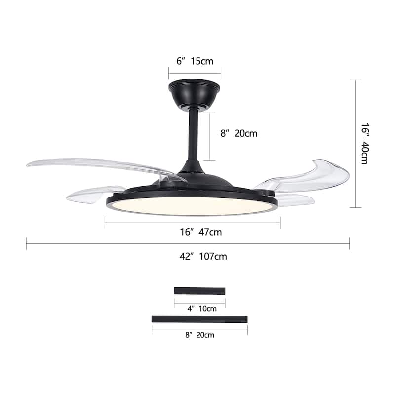 42" White Retractable Ceiling Fan with Light - Remote - Dimmable