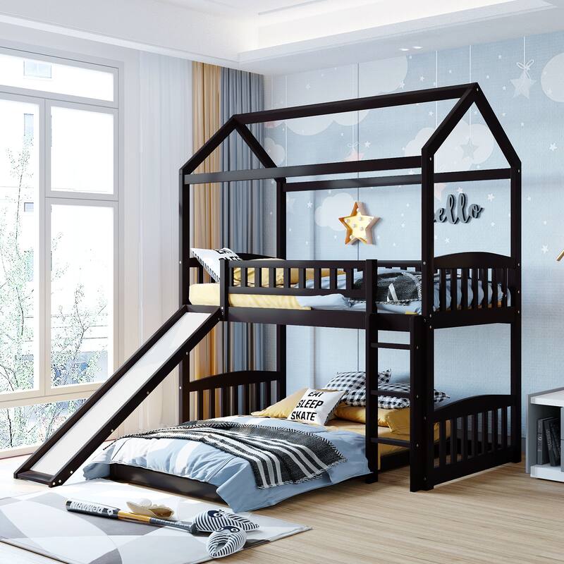 Merax House Bunk Bed with Slide, Twin Over Twin Bunk Bed with Slide - Espresso