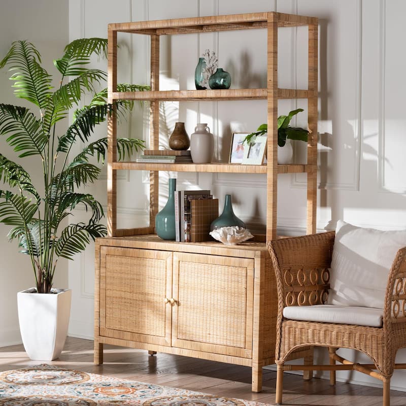 Mortis Natural Rattan Open-Shelf Storage Cabinet - 4-Tier Display Shelf with Double Door Base, Coastal Boho Wicker Bookcase