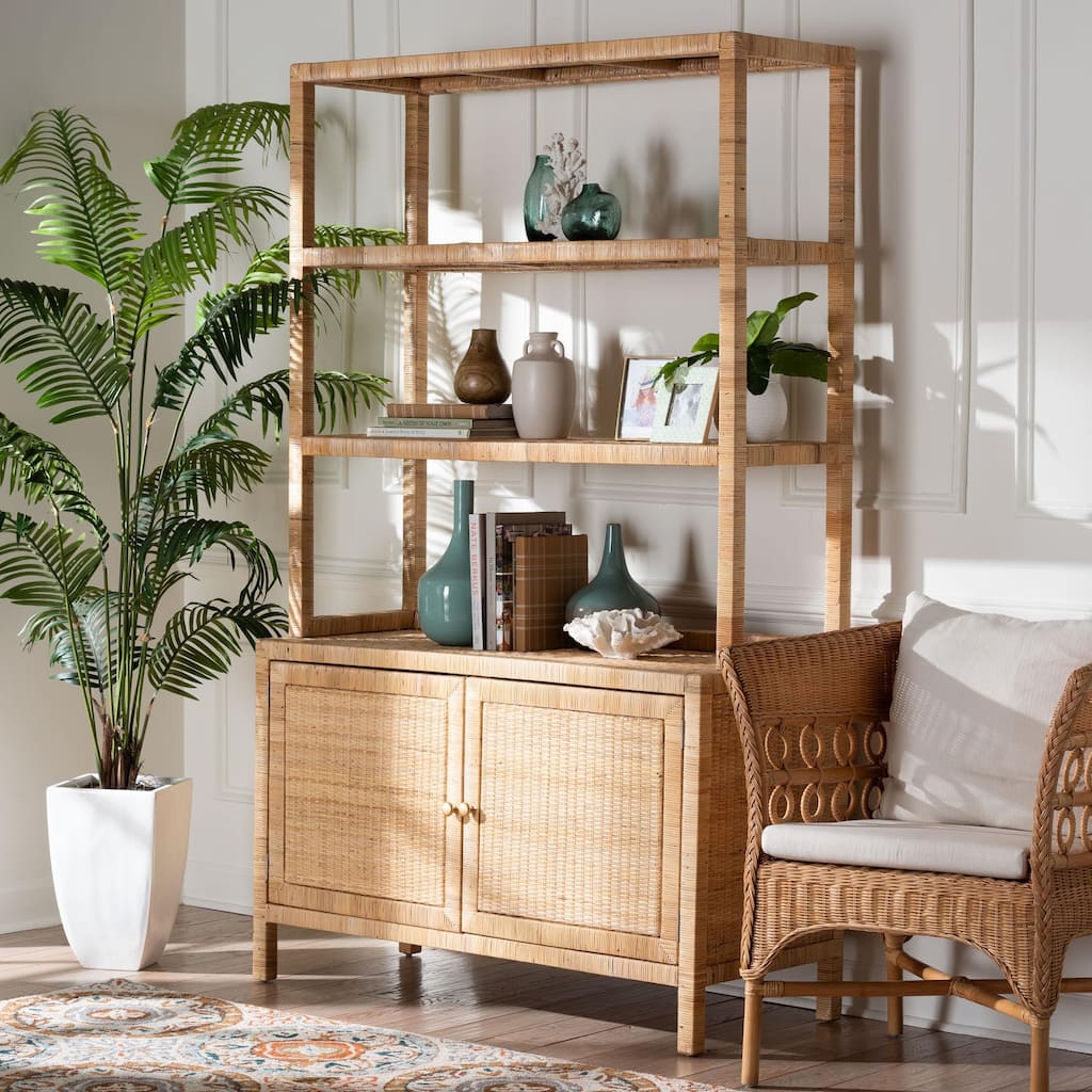 Mortis Natural Rattan Open-Shelf Storage Cabinet - 4-Tier Display Shelf with Double Door Base, Coastal Boho Wicker Bookcase