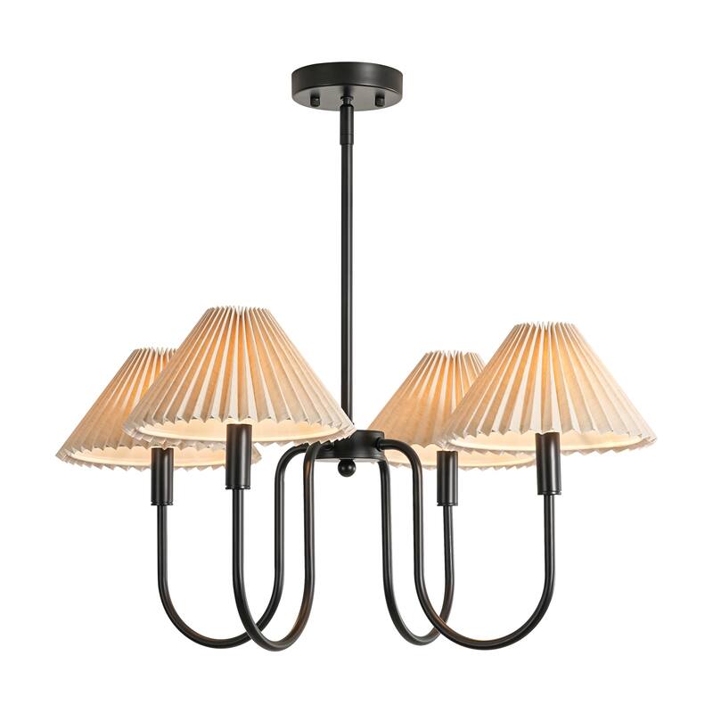 4-Light Mid-Century Modern Chandelier in Brushed Gold/Matte Black Chandelier with Pleated Shades for Living Room