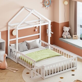 White Full Size Wooden Floor Bed with Fence and Detachable Headboard for Kids