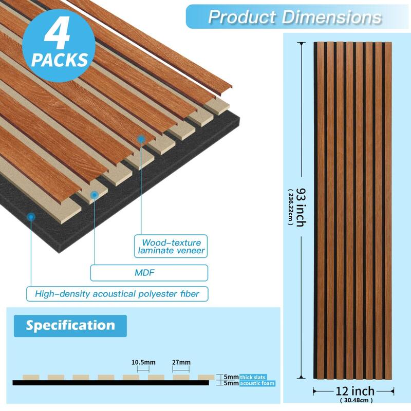 4 Panels 93"x12" MDF Slat 3D Wall Paneling Cover 31 Sq.Ft. - N/A