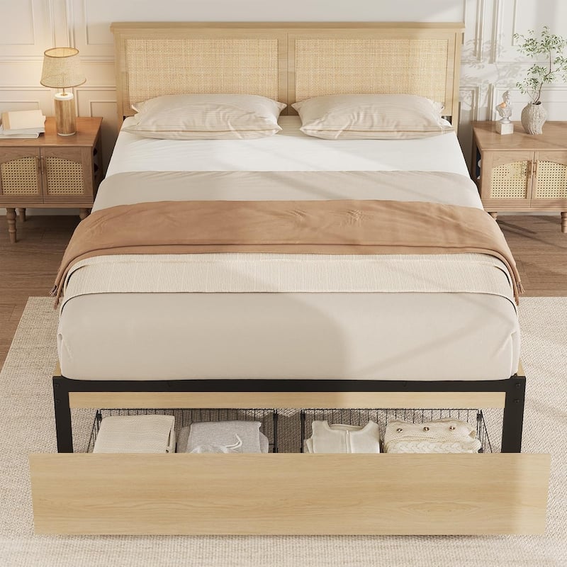 Cane Bed Frame with 2 Storage Drawers and Strong Wood Slats Support - Queen