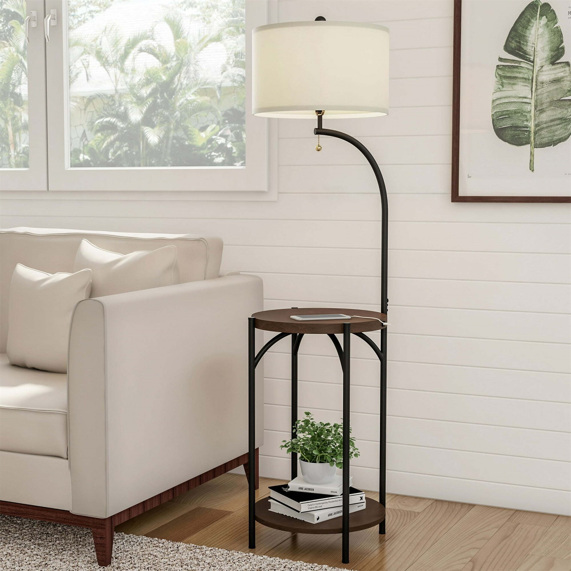 Floor Lamp with Table, USB Charging Port, LED Bulb and Drum Shade