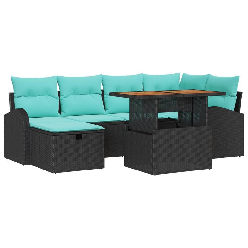 vidaXL 7 Piece Garden Sofa Set with Cushions Black Poly Rattan - 92.1 x 48.8 x 27.2