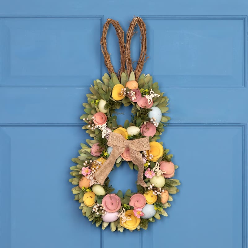 Shaved Wood Flowers Bunny Rabbit Silhouette Easter Wreath - 24"