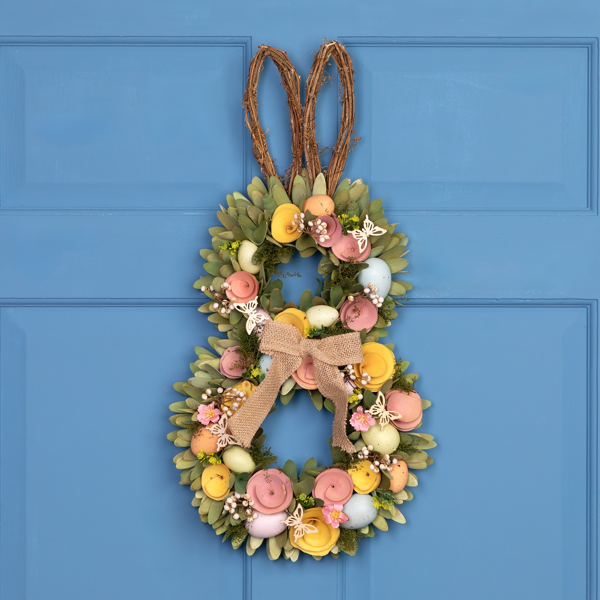 Shaved Wood Flowers Bunny Rabbit Silhouette Easter Wreath - 24"