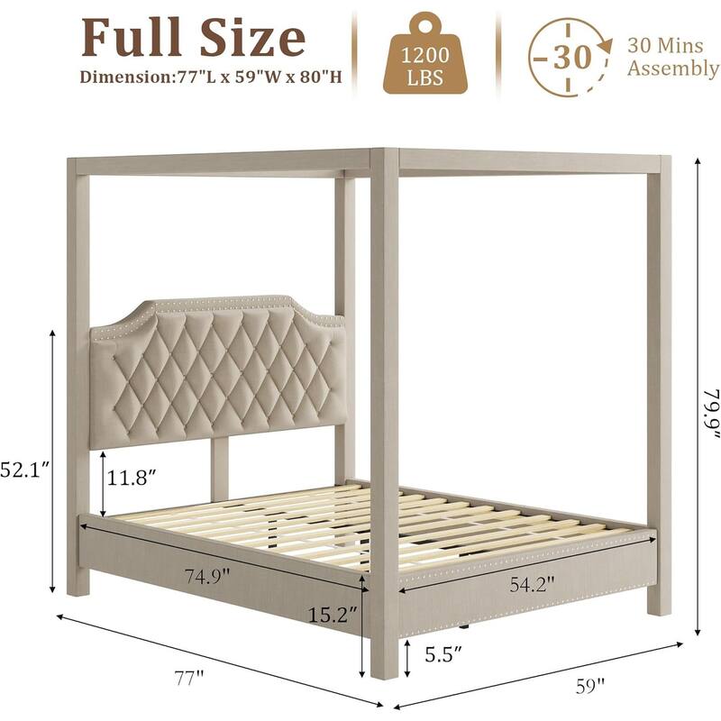 Canopy Platform Bed with Tufted Upholstered Headboard, Four-Poster Frame & Slide Rail, No Box Spring Needed