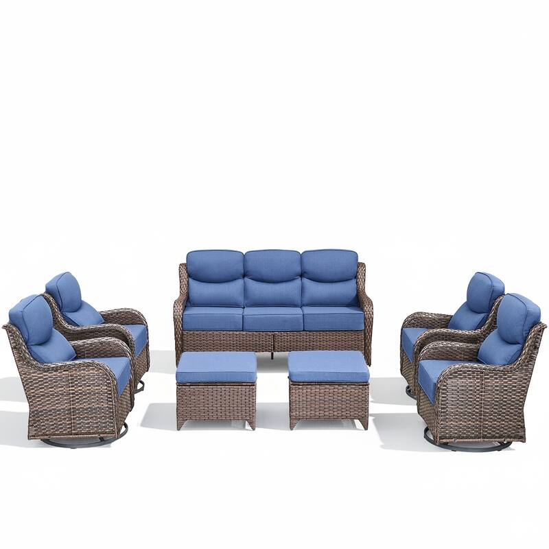Arcadia 7-Piece Wicker Patio Conversation Set with Swivel Gliders and 6-Inch Thick Olefin Cushions
