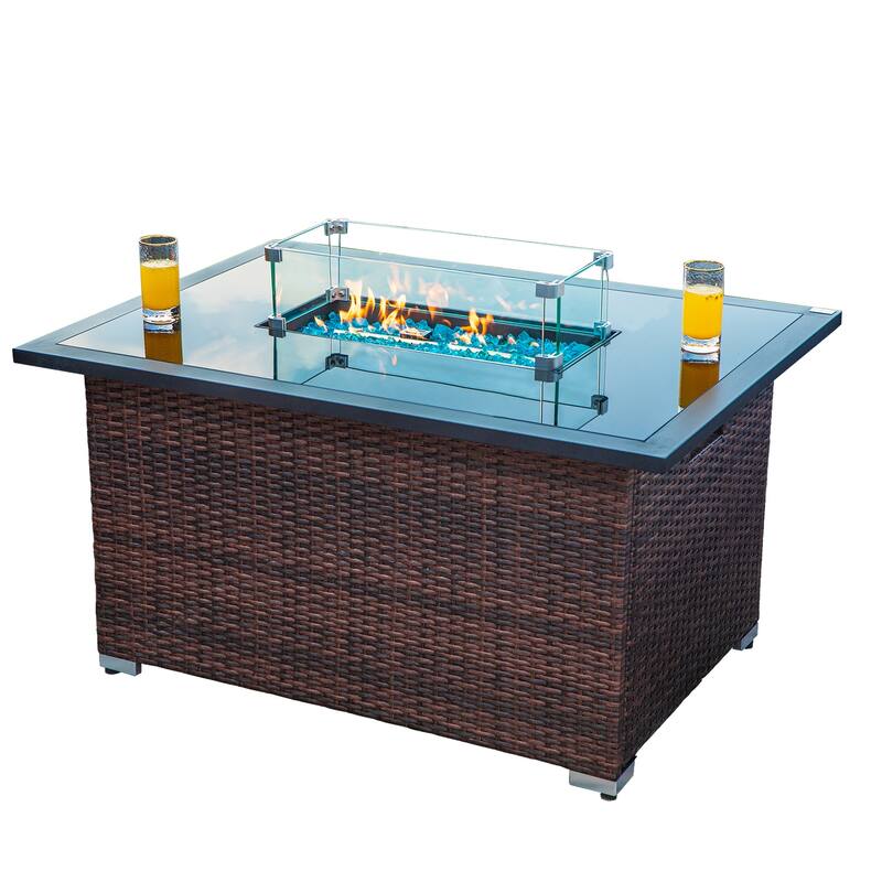 COSIEST Outdoor Rectangle Espresso Brown Wicker Fire Pit with Wind Guard - Brown