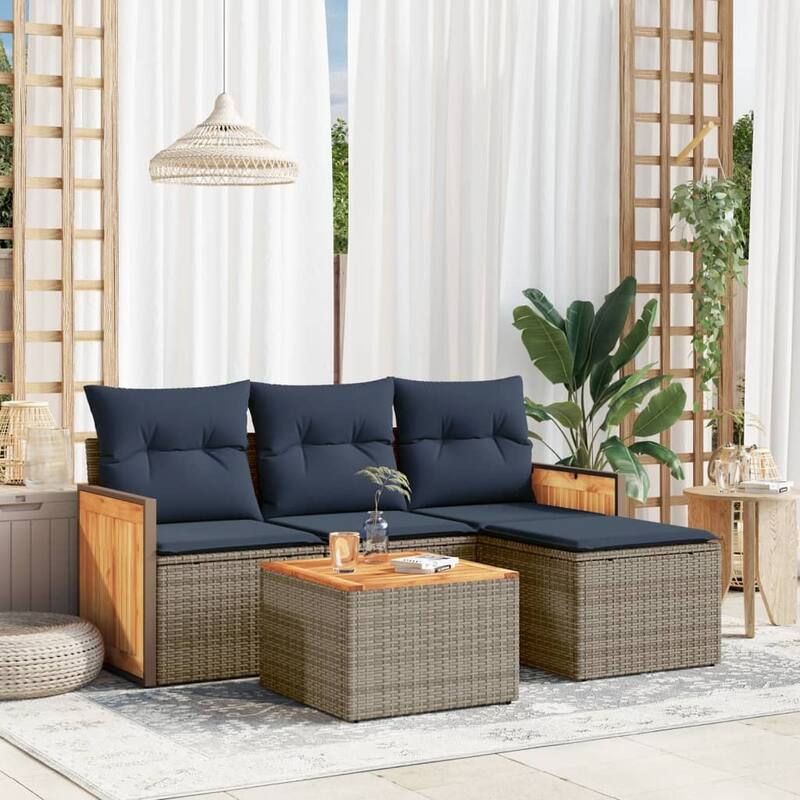 vidaXL 5 Piece Patio Sofa Set with Cushions Gray Poly Rattan - 66.6x27.2x45.0