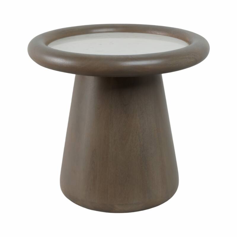 Mango Wood Marble Accent Table Round Drum Base Sculptural Design