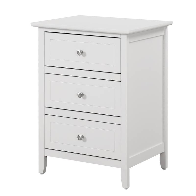 White Nightstand 25x19x15 with Three Drawers, Compact Transitional Bedside Table for Storage and Bedroom Organization