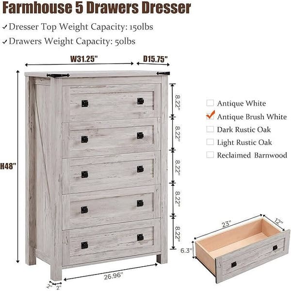 dimension image slide 4 of 6, 48" Tall Farmhouse 5 Drawer Wood Dresser, Chest of Drawers for Bedroom