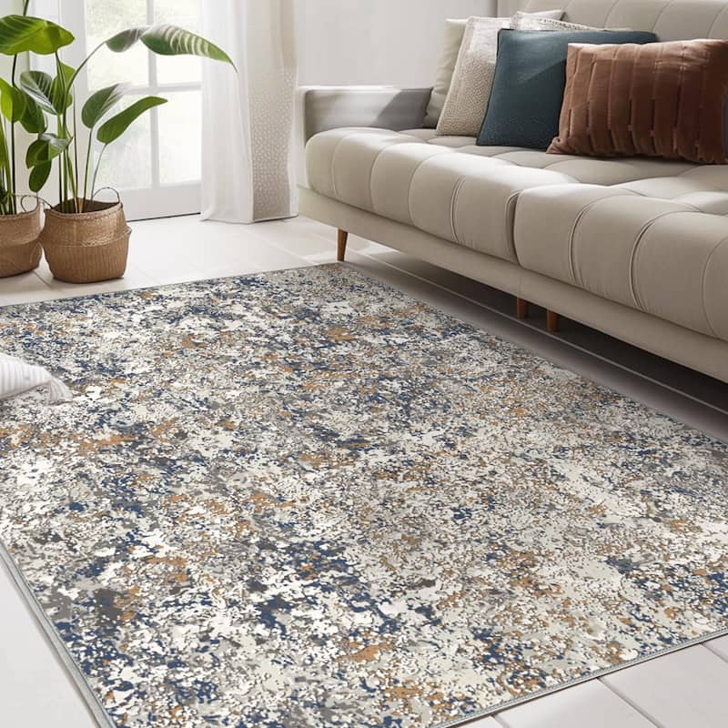 Mcow Modern Collection Low-Pile Machine-Washable Non-Slip Area Rug - 8' x 10' - Blue/Gold/White - Rectangle