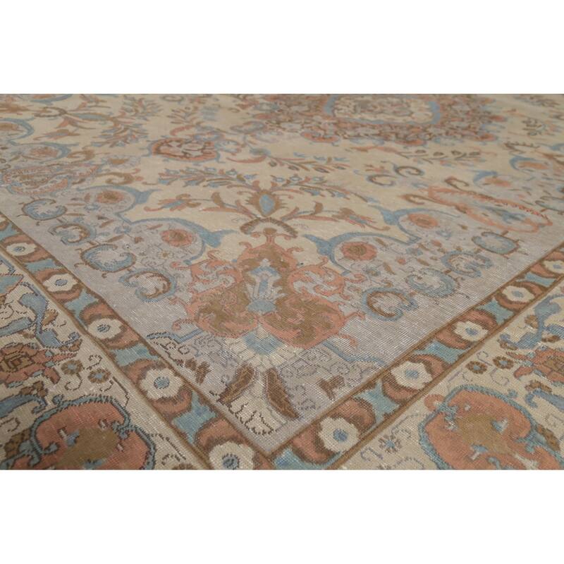 Distressed Floral Tabriz Persian Vintage Area Rug Handmade Wool Carpet - 9'4"x 12'10"