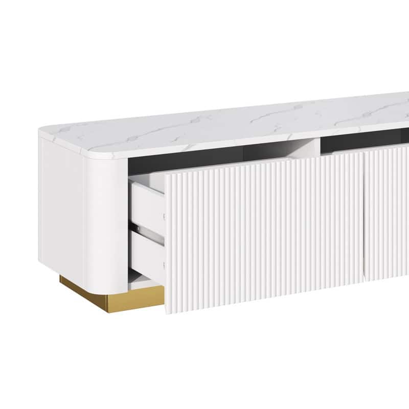 Luxury Fluted TV Stand for 85" TVs - Faux Marble Console with Gold Base & Curved Design