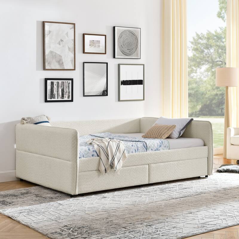 Queen Size Boucle Daybed with Trundle and 2 Storage Drawers and Tufted Upholstered Sofa Bed