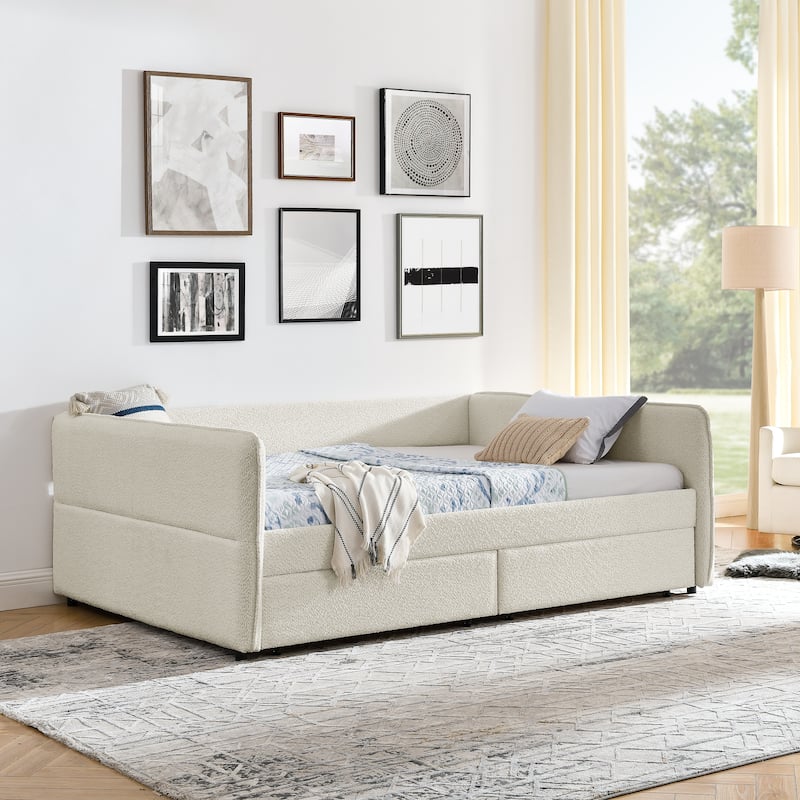 Queen Size Upholstered Tufted Daybed with Trundle and Two Drawers, Beige Boucle Fabric Sofa Bed