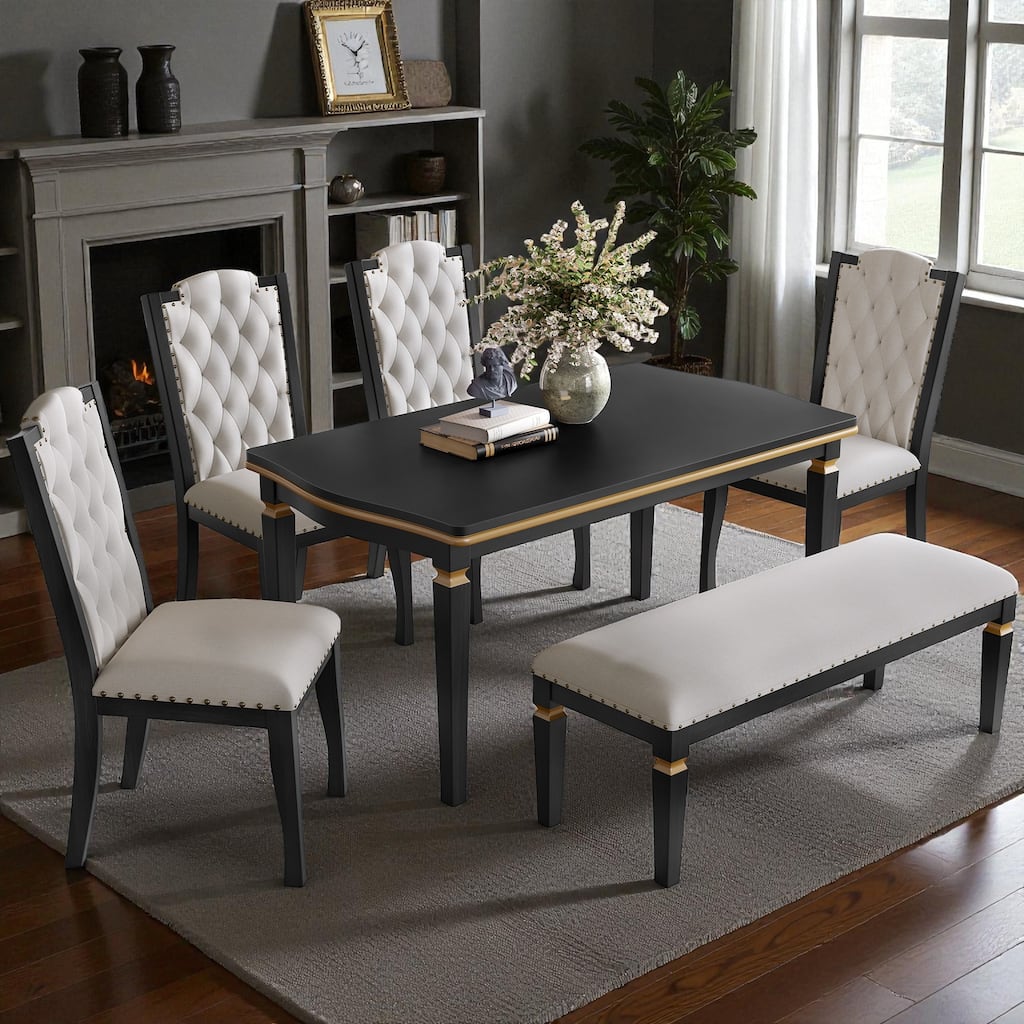 6-Piece Dining Table Set with 4 Tufted Chairs and Bench, 60" Rectangular Wood Table, Modern Dining Room Furniture