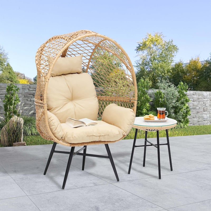 Wicker Egg Chair Set with Stand Comfortable Cushions and a Coffee Table - Yellow