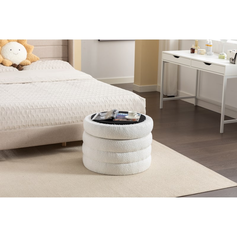 Boucle Fabric Storage Round Ottoman Footstool With Wooden Shelving,Ivory