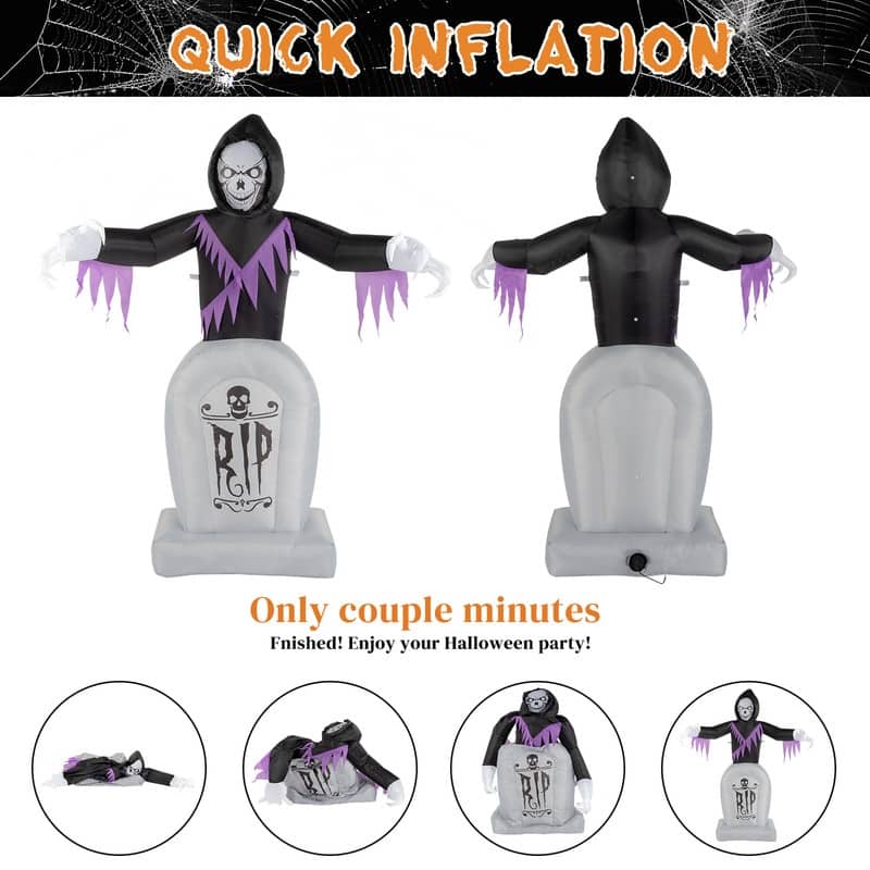 8ft Garden LED String Lights Grim Reaper and Grave Inflatable Halloween Decoration - Black