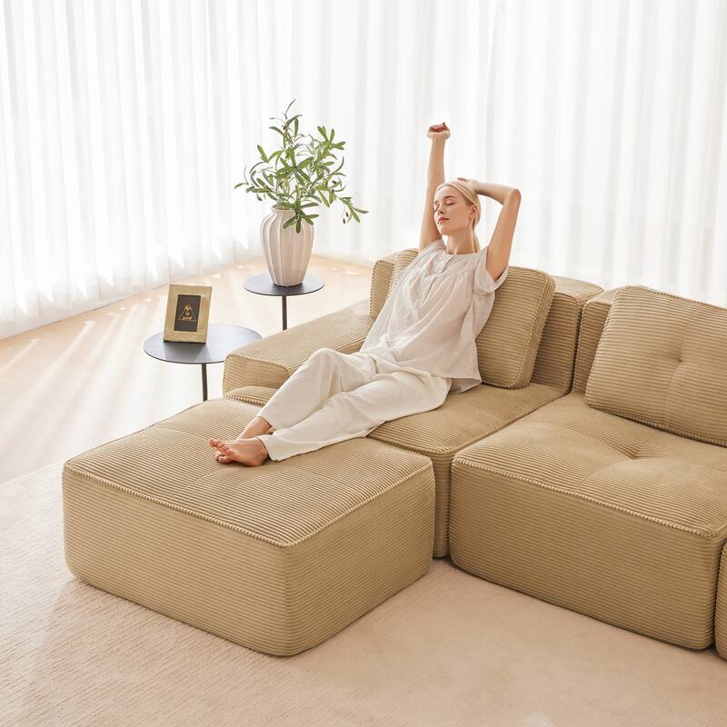 82" Tufted Sectional Sofa with Movable Ottoman, 2-Seater Corduroy Couch for Living Room, Floor Upholstered Leisure Loveseat