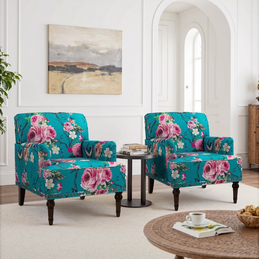 Set 2 Striped Upholstered Linen Armchair with Brass Nailhead Trim