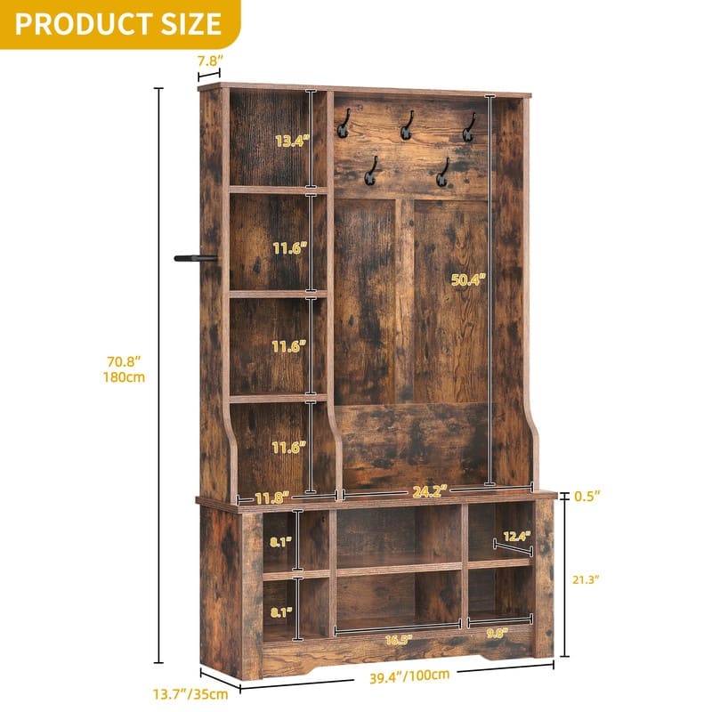 Moasis Farmhouse Hall Tree with Bench and Shoe Storage with 10 Hooks for Entryway