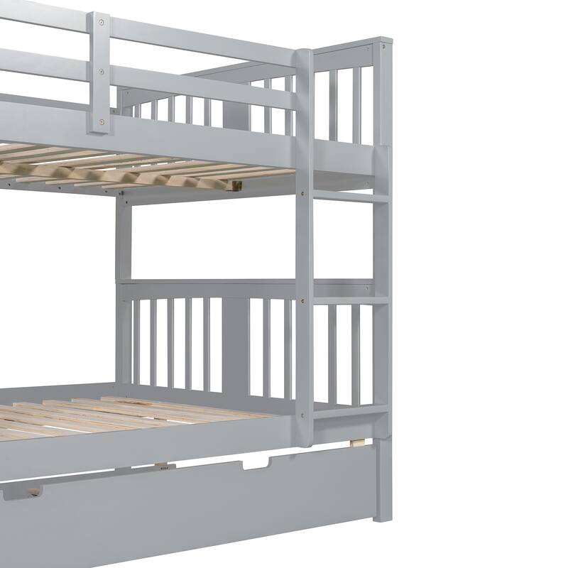 Detachable Full Size Bunk Bed with Trundle Bed, Wooden Full over Full Bunk Bed Frame, Divided Into 3 Separate Beds Frame