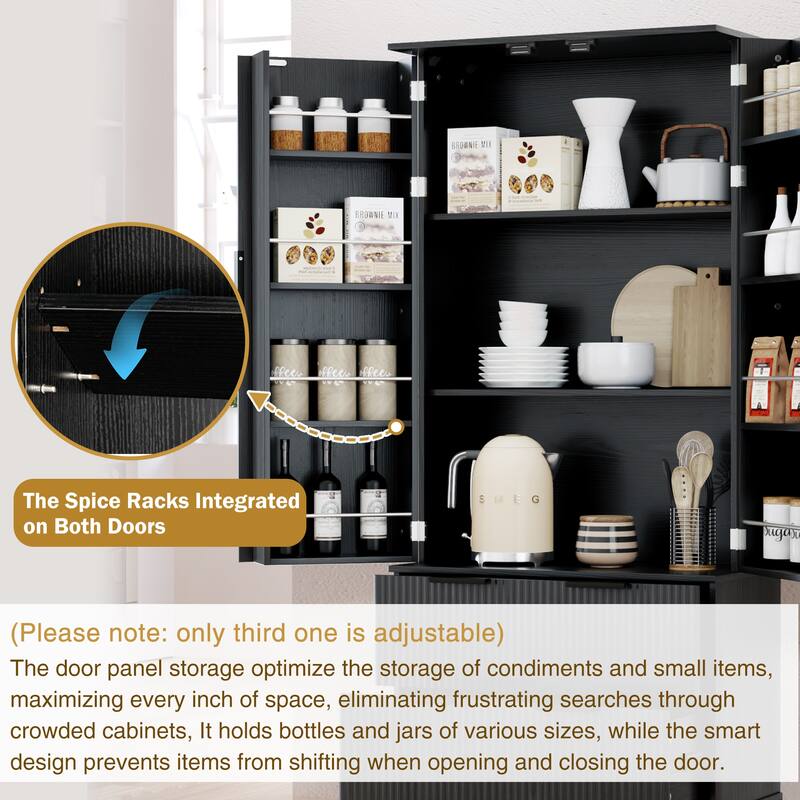 72" Modern Fluted Kitchen Pantry Cabinet with 2 Large Drawers and 8-Door Spice Rack