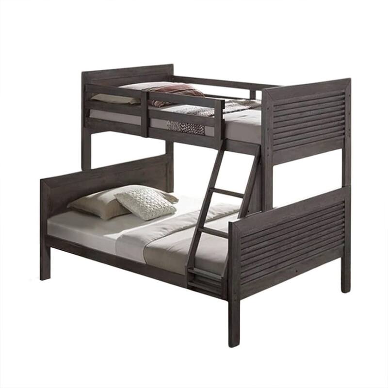 Wexo Twin over Full Bunk Bed, Charcoal Brown Slat Design and Ladder