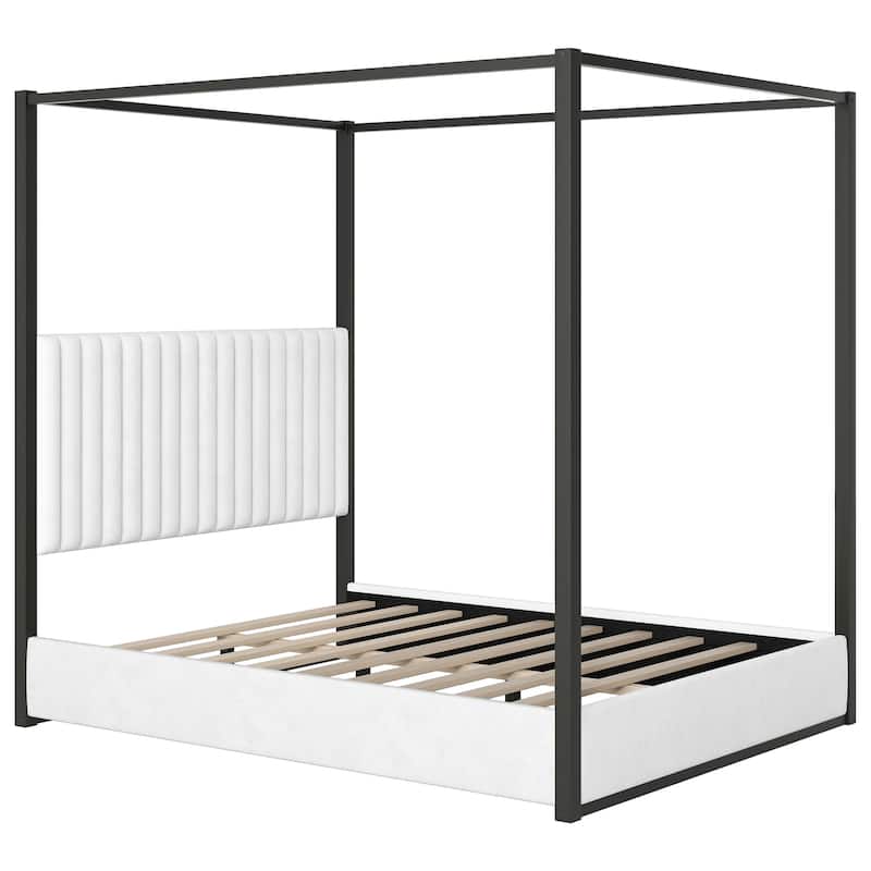 Platform Bed Canopy Bed Velvet Upholstery Bed with Vertical Stripes Headboard and Wood Slat Support No Box Spring Needed
