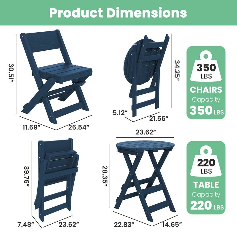 3-Piece Outdoor HDPE Bistro Set, Waterproof, Weather-Resistant & Foldable